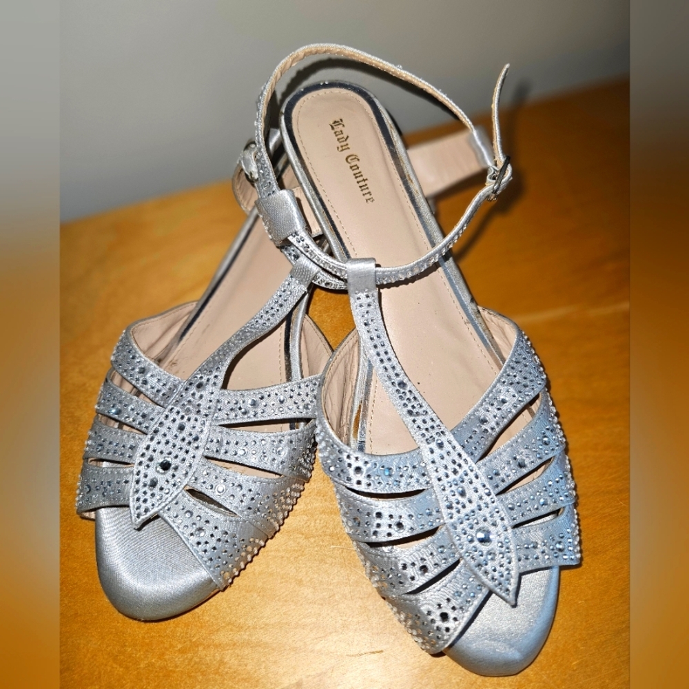 Heidi Couture Silver Embellished T‑Strap Sandals